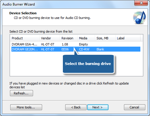 Select Usable Burning Drive
