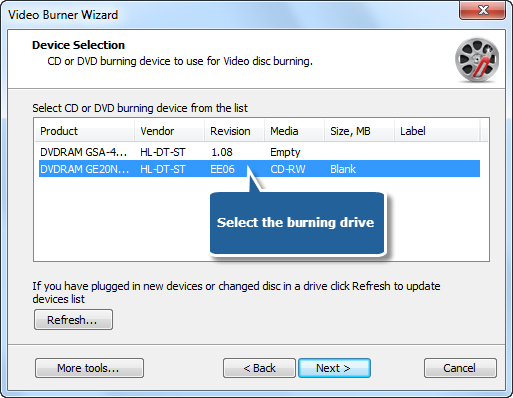 Select Usable Burning Drive