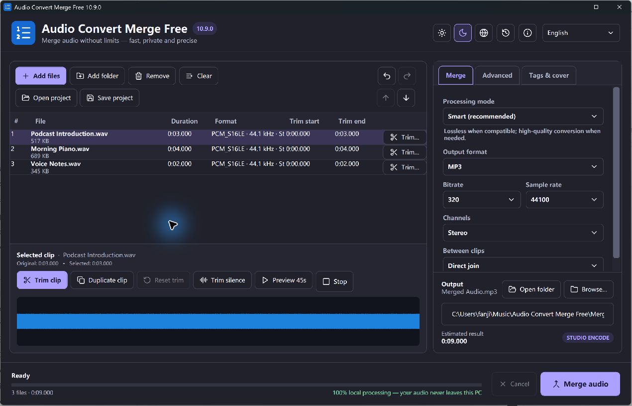 Audio Convert Merge Free — dark theme