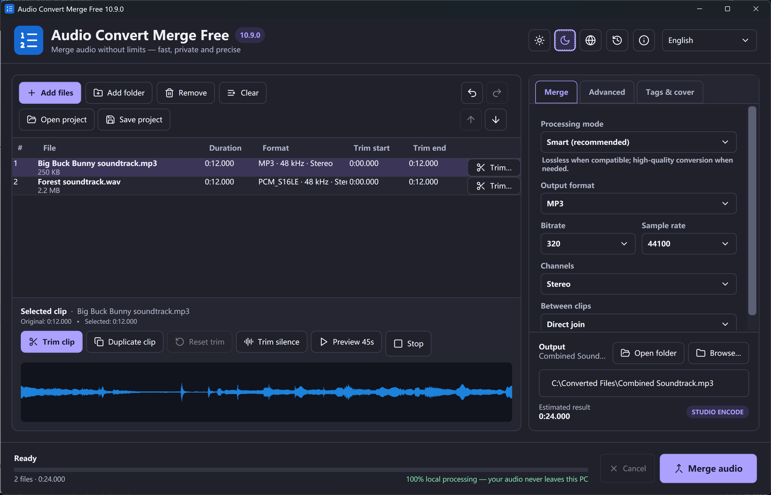 Audio Convert Merge Free — dark theme · Big Buck Bunny © 2008 Blender Foundation / CC BY 3.0