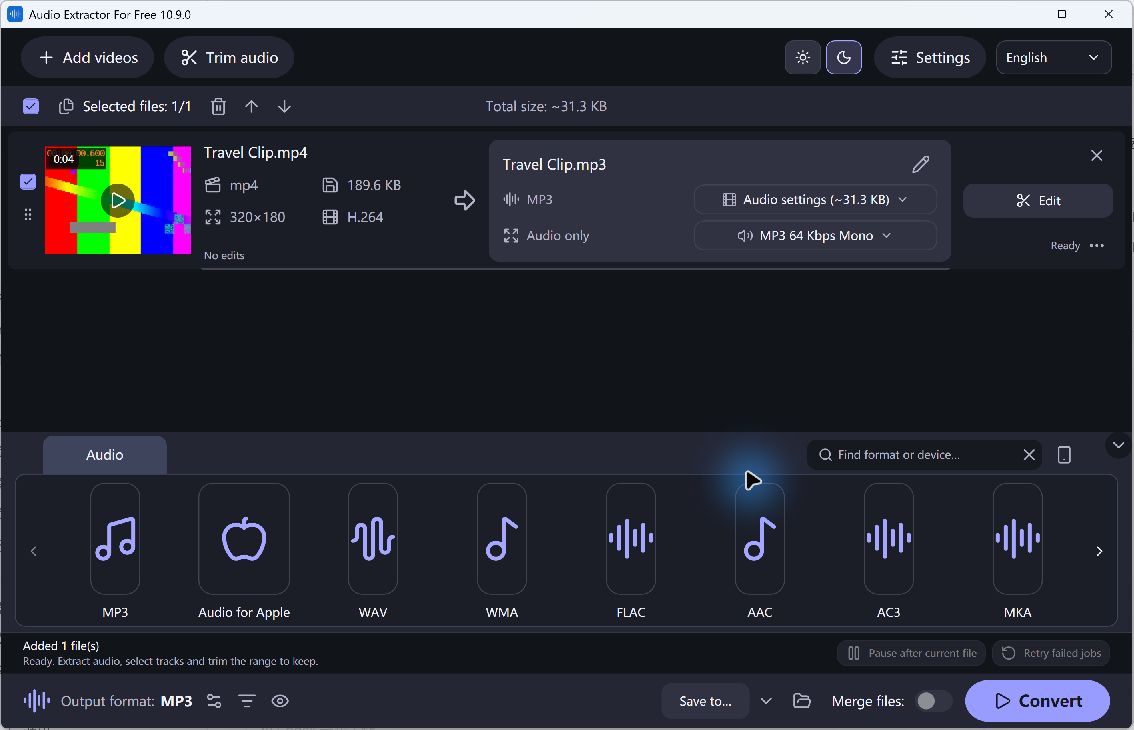 Audio Extractor For Free — dark theme
