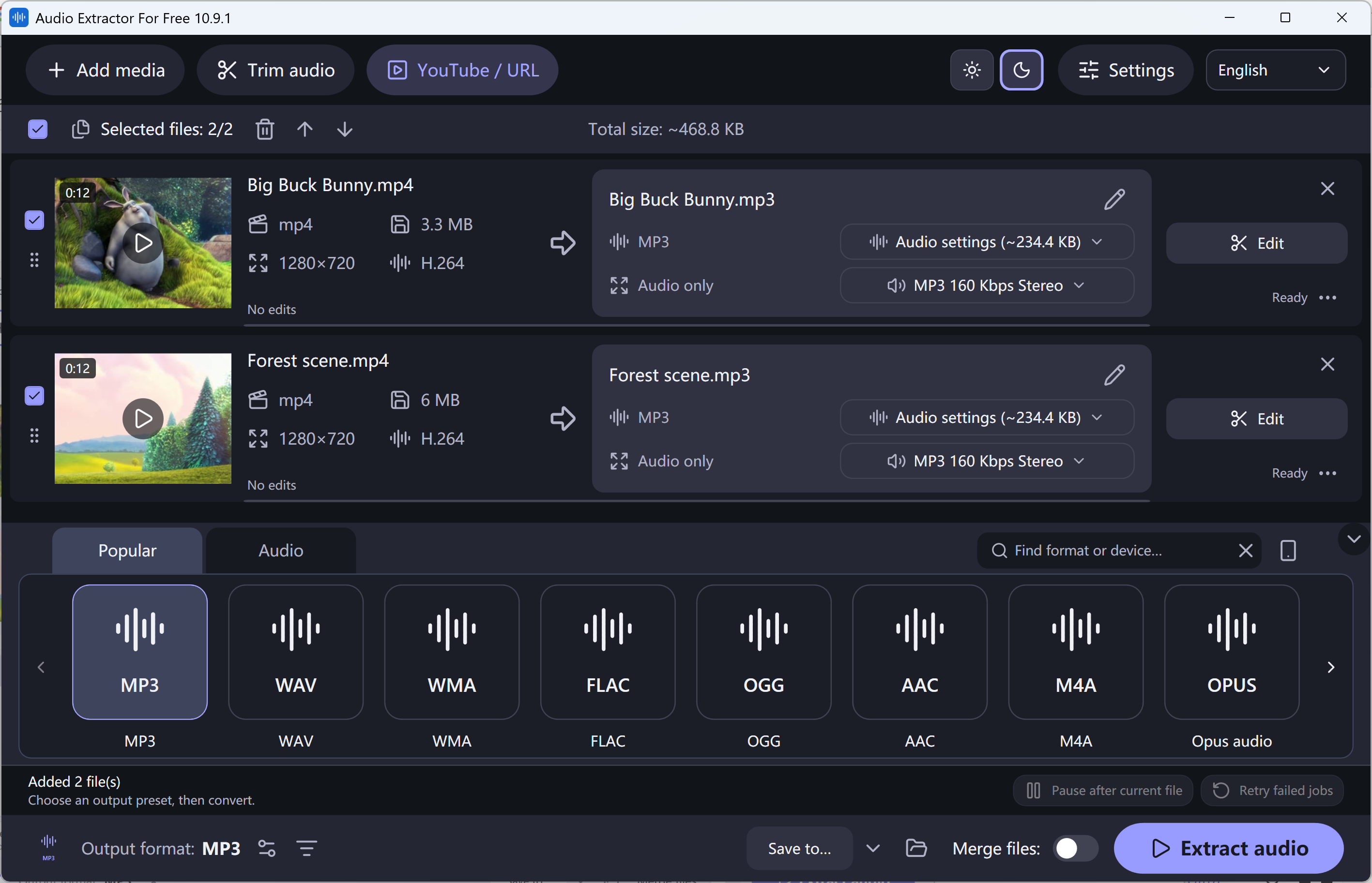 Audio Extractor For Free — dark theme · Big Buck Bunny © 2008 Blender Foundation / CC BY 3.0