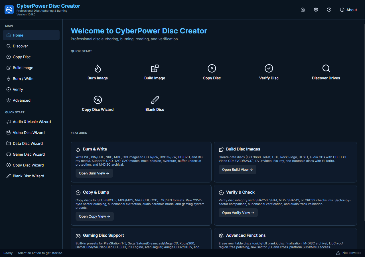 CyberPower Disc Creator — dark theme