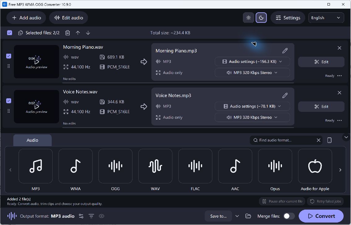 Free MP3 WMA OGG Converter — dark theme