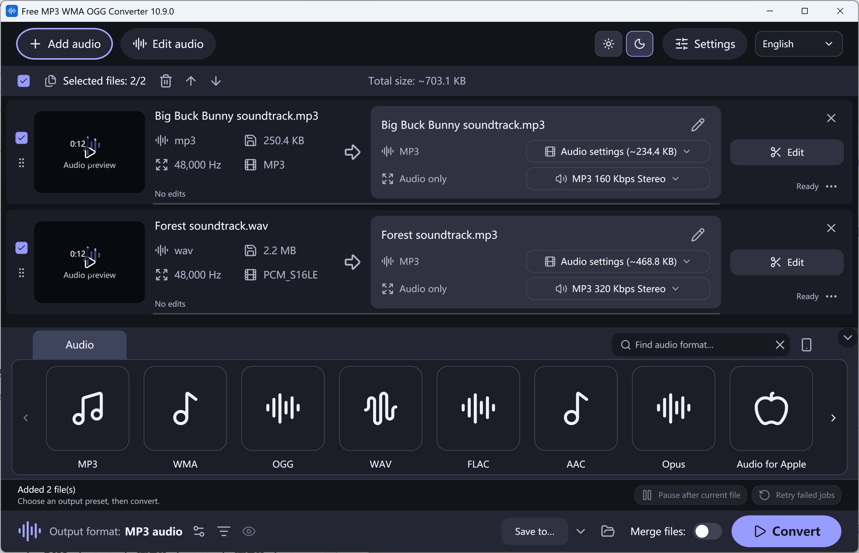 Free MP3 WMA OGG Converter — dark theme · Big Buck Bunny © 2008 Blender Foundation / CC BY 3.0